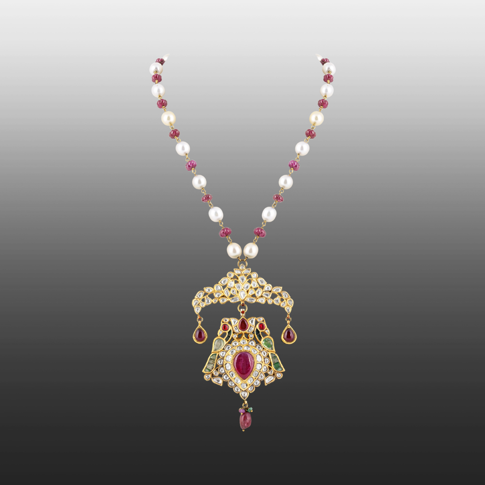Peacock Polki Pendant Necklace with Rubies, Green Talaf & Southsea Pearls